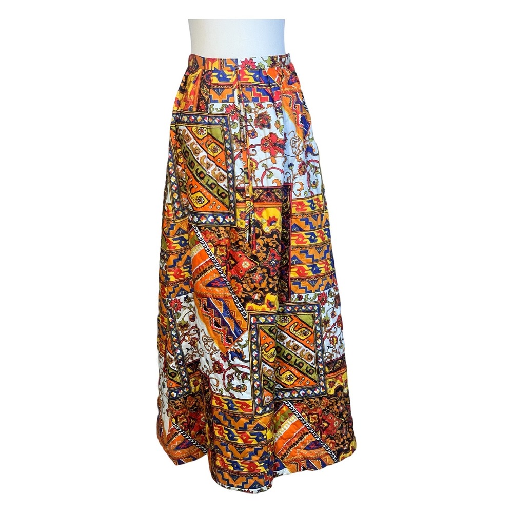 Vtg 1970's Alex Colman California Quilted Patchwork Print Maxi Skirt Multicolor